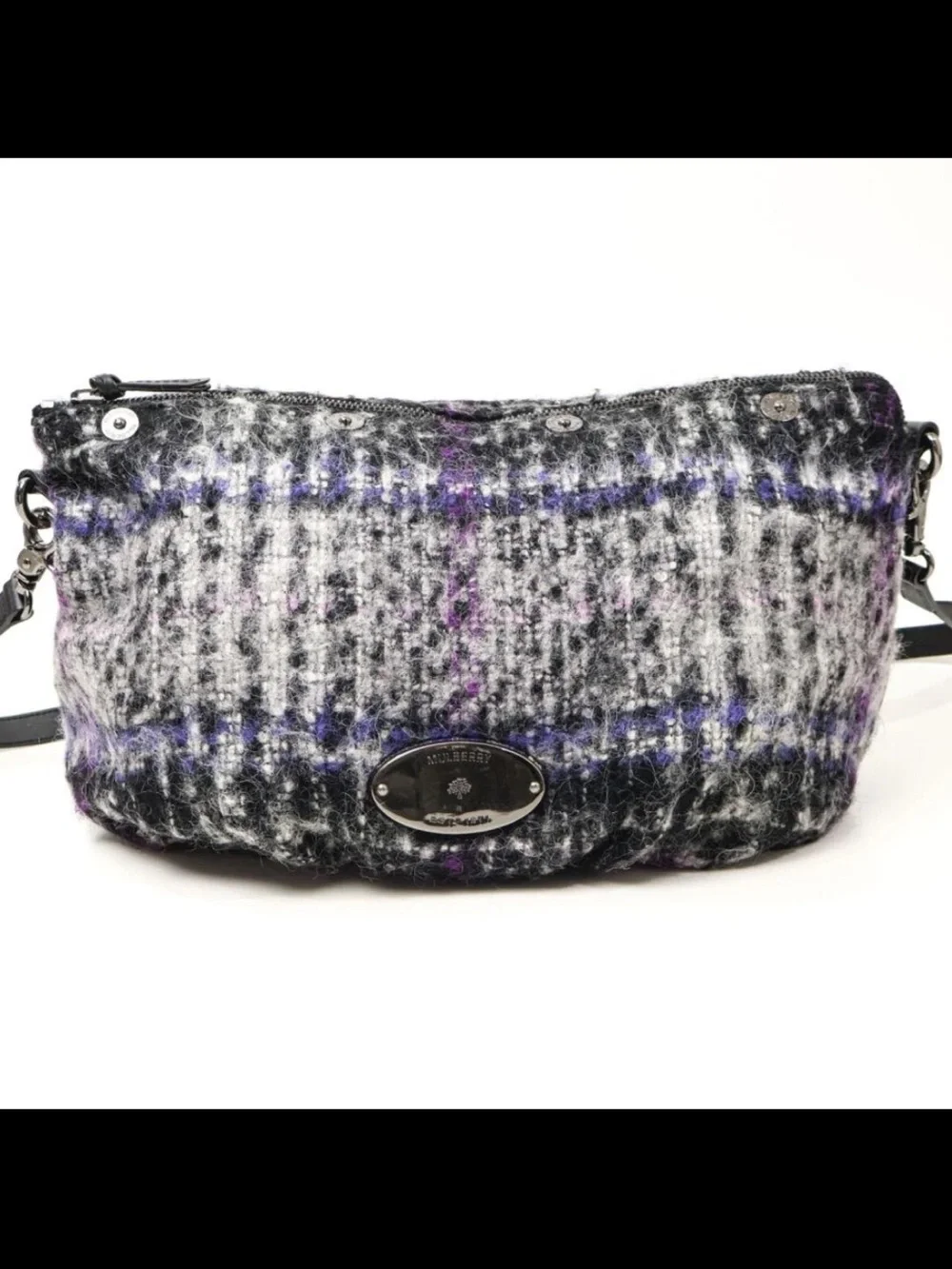 Mulberry Gray & Purple Plaid Wool Tote with Black Leather Trim